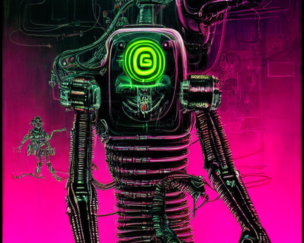 Futuristic cybernetic robot with glowing green elements and intricate wiring on neon pink and green backdrop