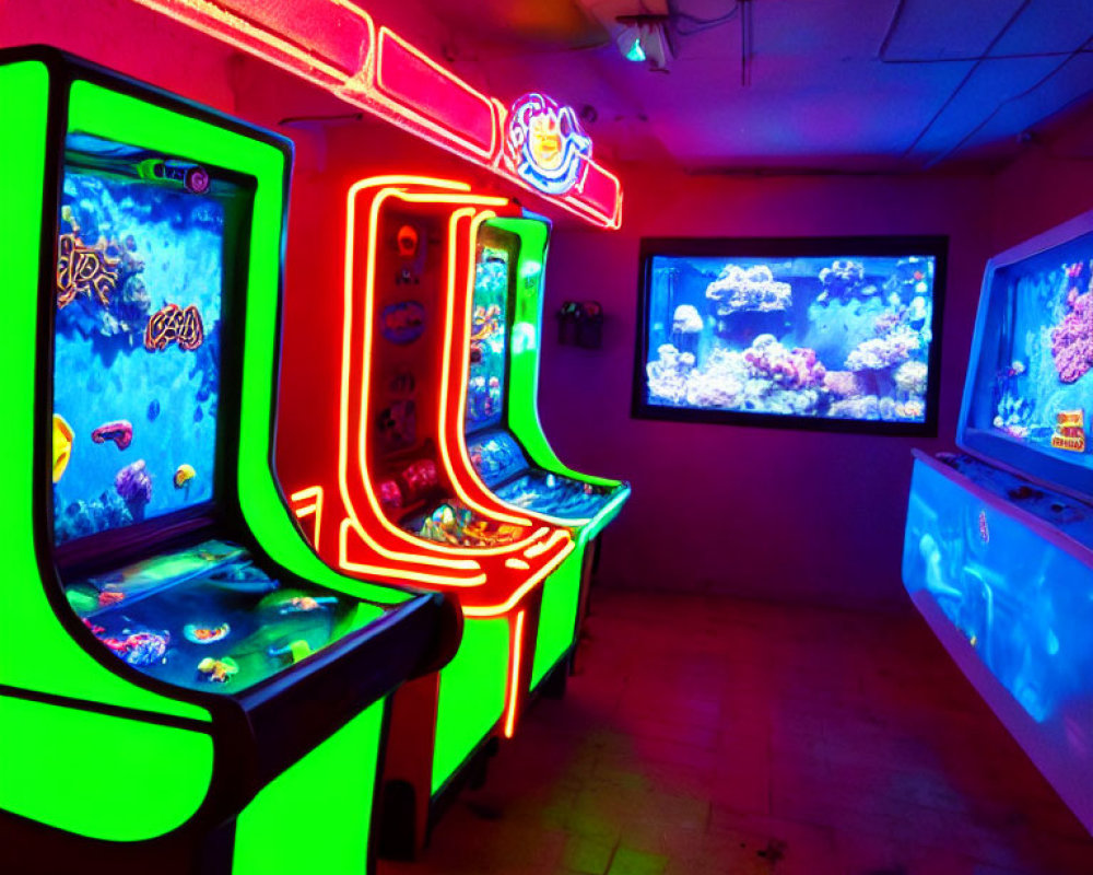 Neon-lit fish-themed arcade room with illuminated aquariums
