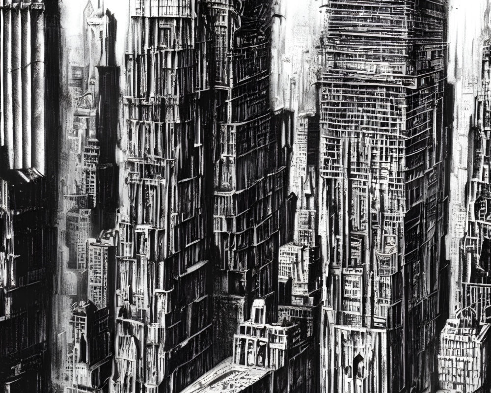 Monochrome image of dense, towering skyscrapers in dystopian-like setting