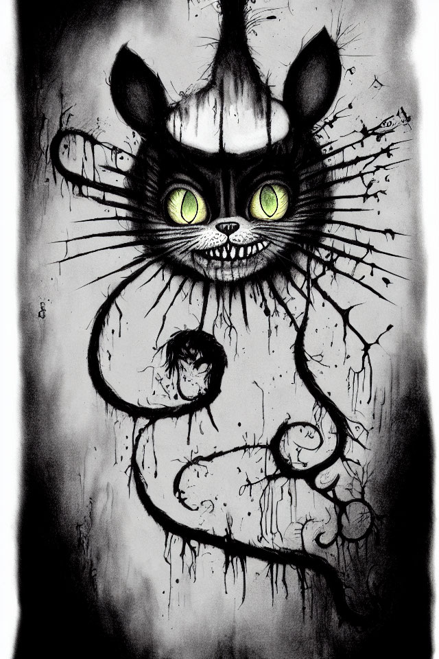 Spooky wide-eyed cat illustration with sharp teeth on dark background