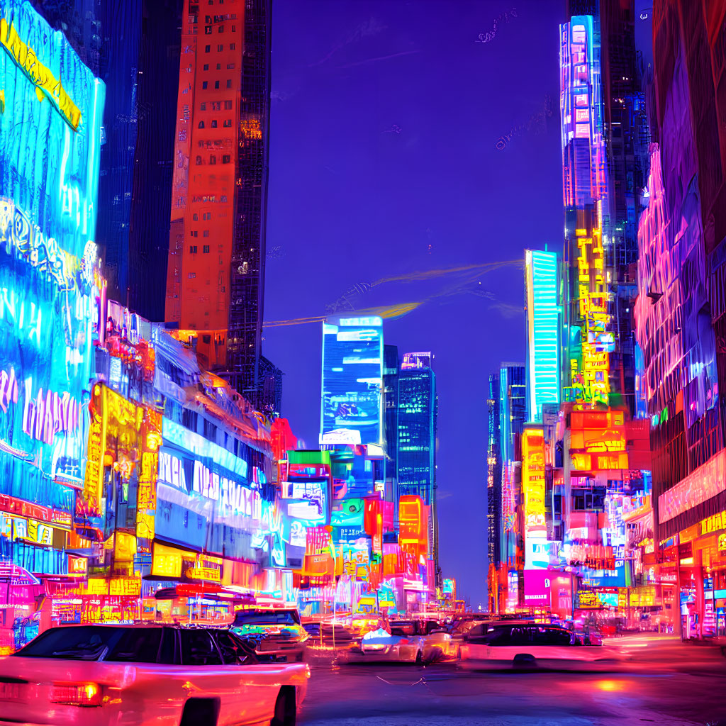 Night Cityscape with Neon Lights and Busy Street Traffic
