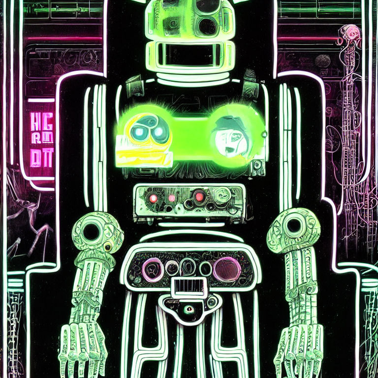 Vibrant neon-colored futuristic robot art with intricate circuit patterns