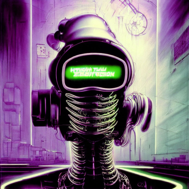 Futuristic robot with visor in neon-lit sci-fi scene