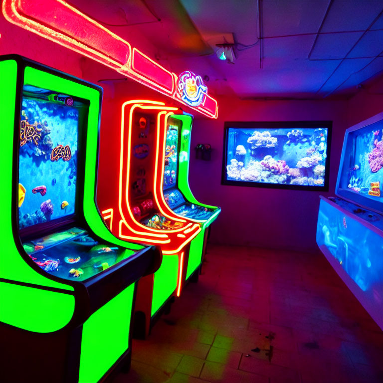 Neon-lit fish-themed arcade room with illuminated aquariums
