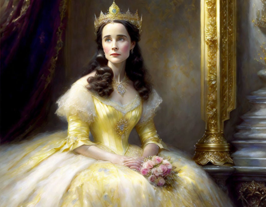 Portrait of woman in princess attire with yellow ball gown and crown holding flowers