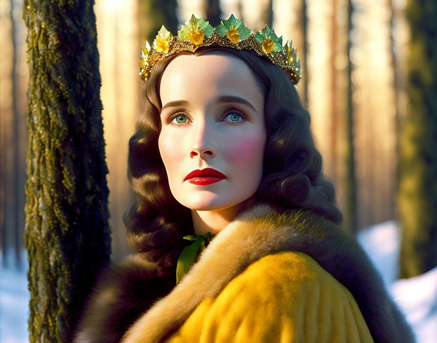 Regal Woman with Golden Crown and Fur Stole in Sunset Forest