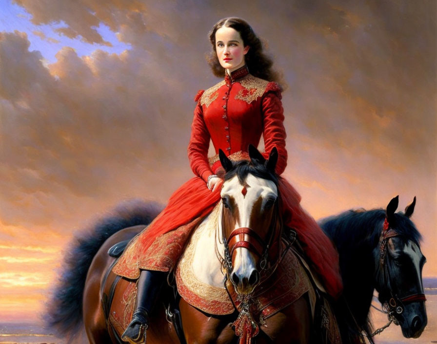 Victorian woman in red dress on white horse with black horse in dramatic sky