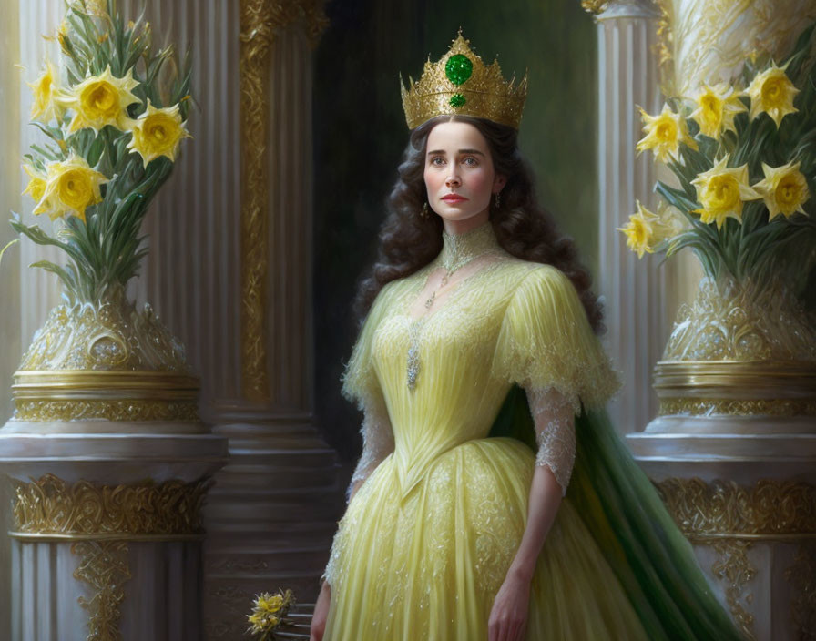 Regal woman in yellow gown with crown, surrounded by daffodils and ornate columns