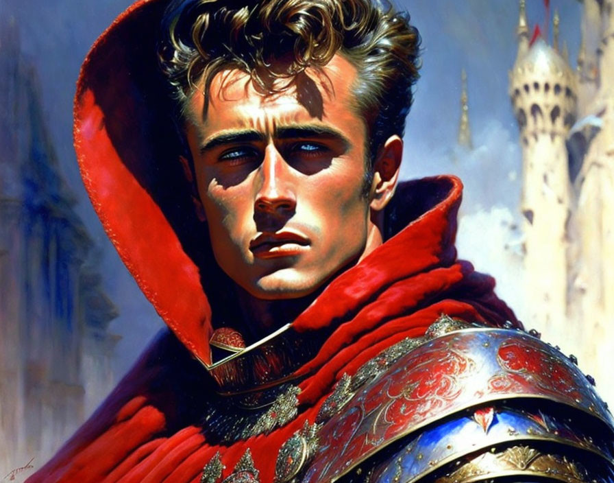 Young man in red cloak and armor with castle backdrop