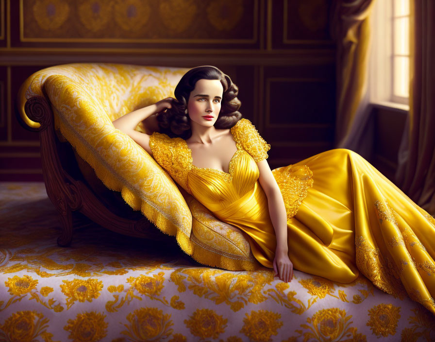 Woman in Yellow Gown Lounging on Chaise in Luxurious Room
