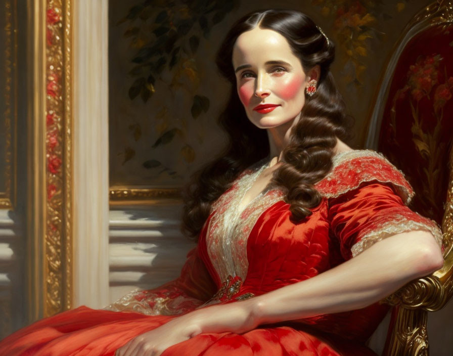 Portrait of woman in red gown on ornate chair