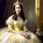 Portrait of woman in princess attire with yellow ball gown and crown holding flowers