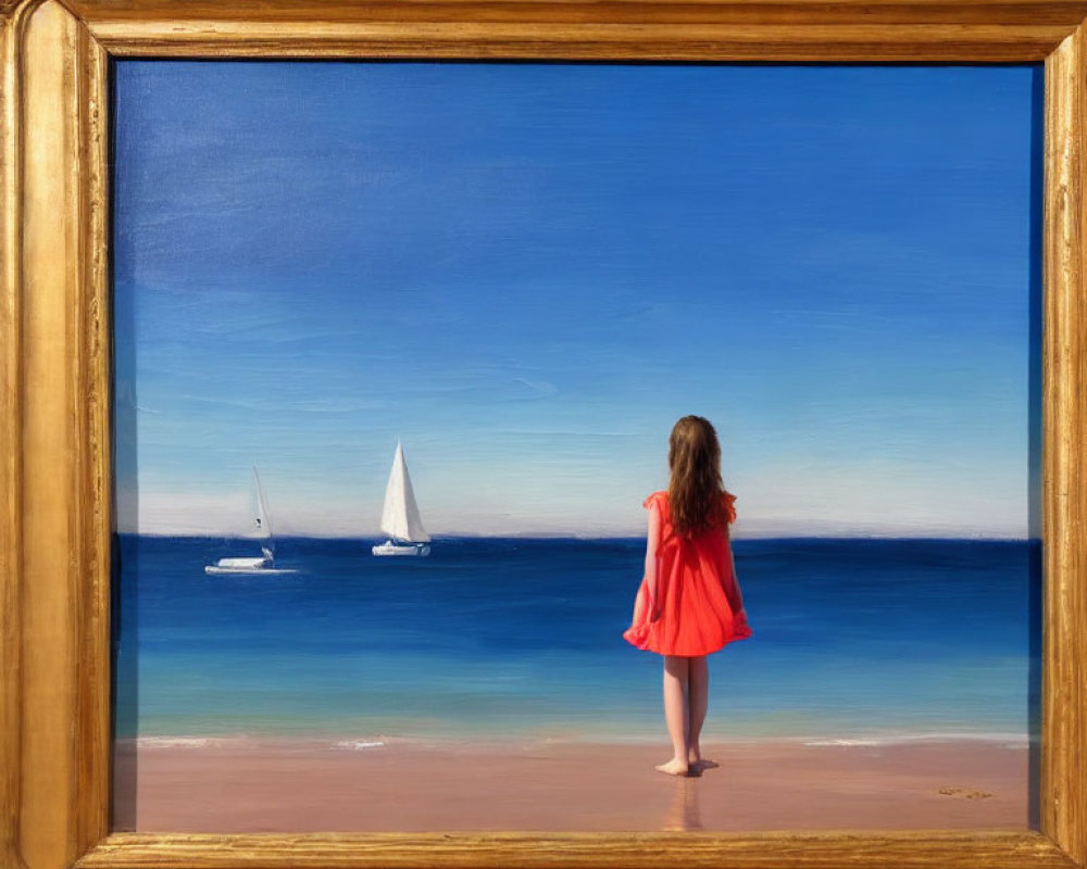 Framed painting of young girl in red dress on beach admiring sailboats