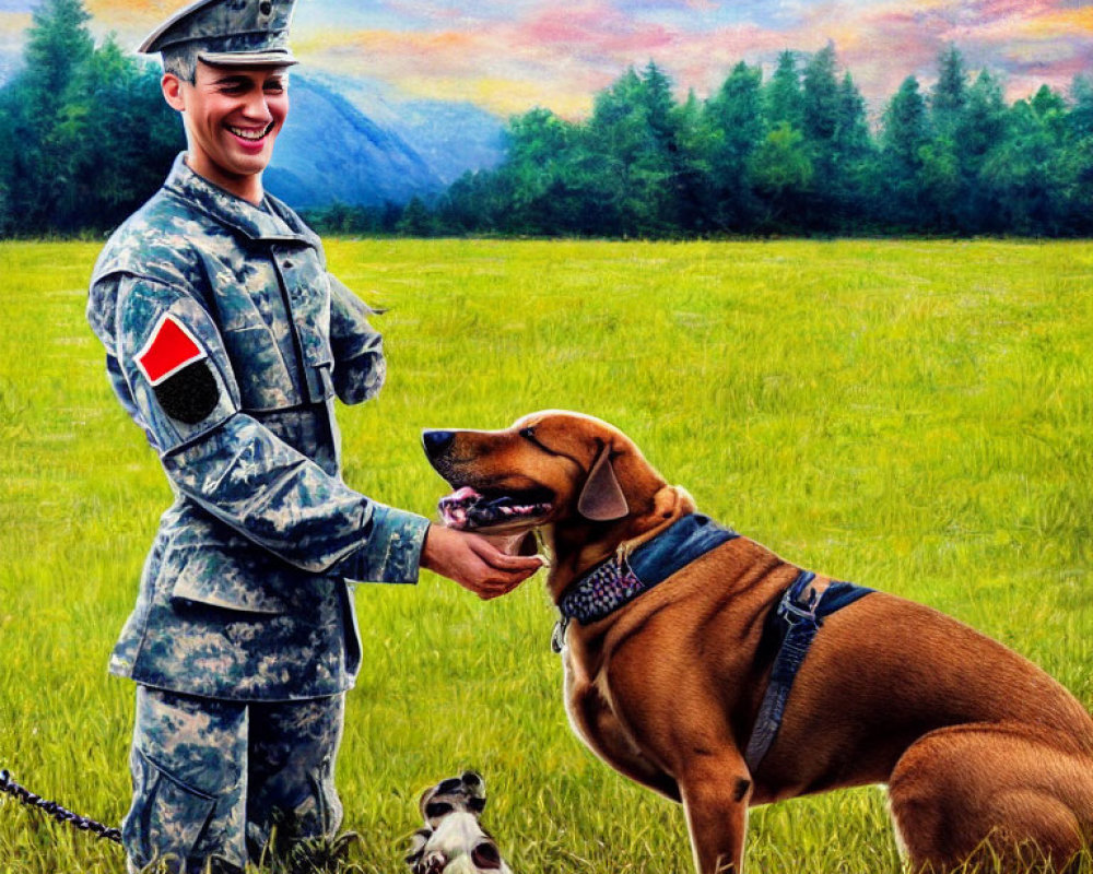 Smiling soldier petting brown dog with smaller dog, grassy fields and mountains at sunset