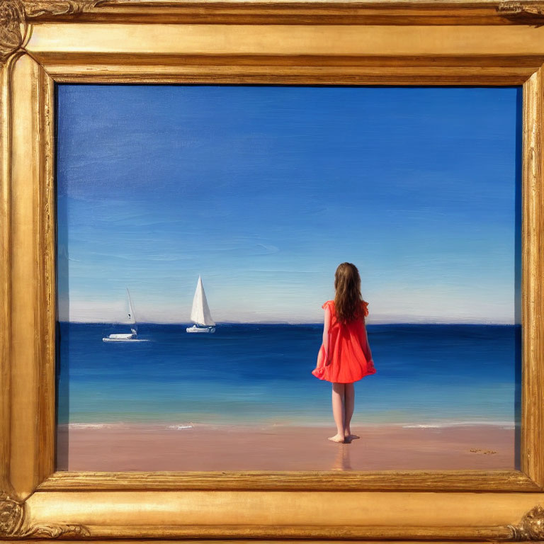 Framed painting of young girl in red dress on beach admiring sailboats
