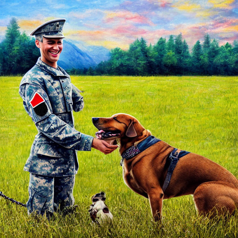 Smiling soldier petting brown dog with smaller dog, grassy fields and mountains at sunset