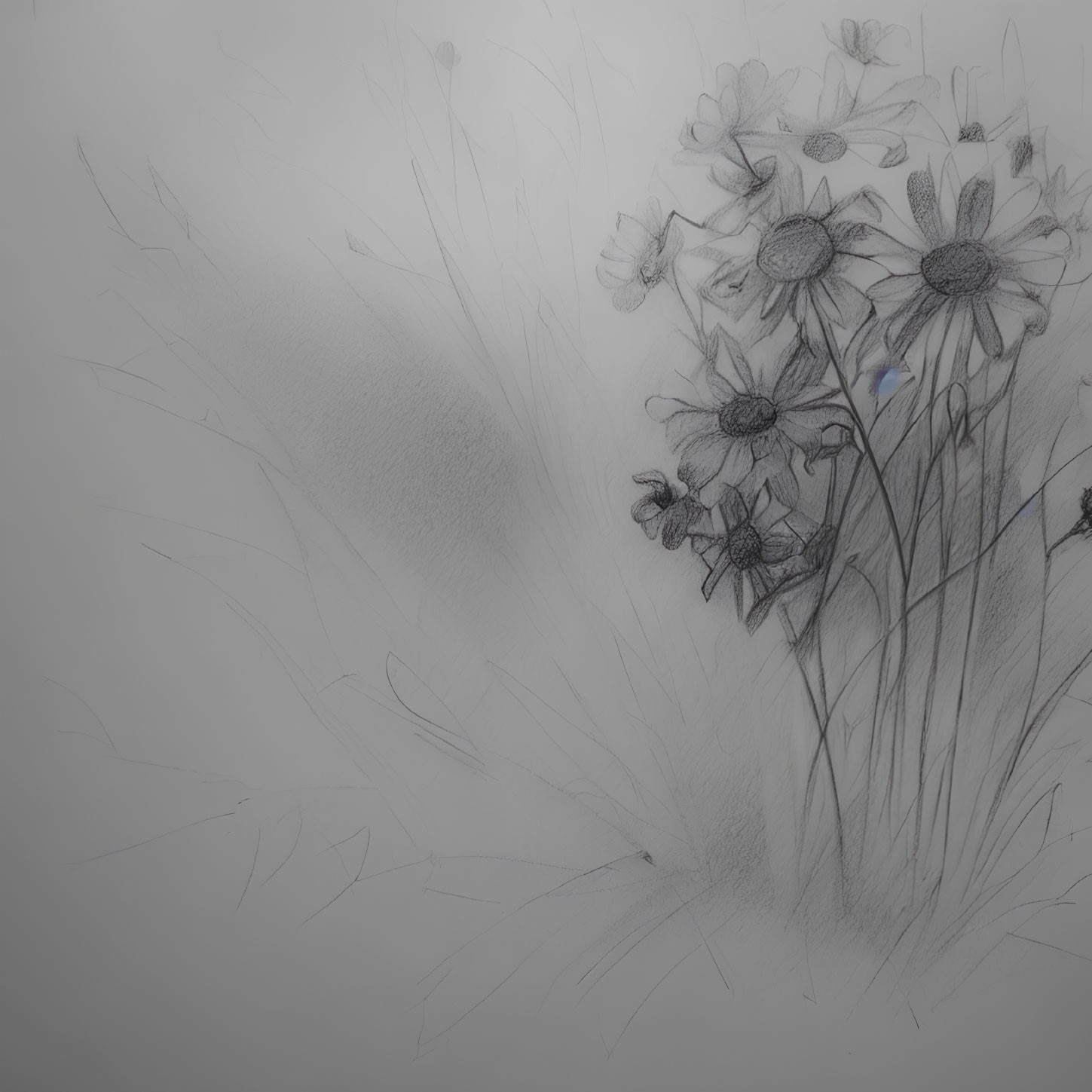 Detailed pencil sketch of delicate daisies with soft grass and gradient background