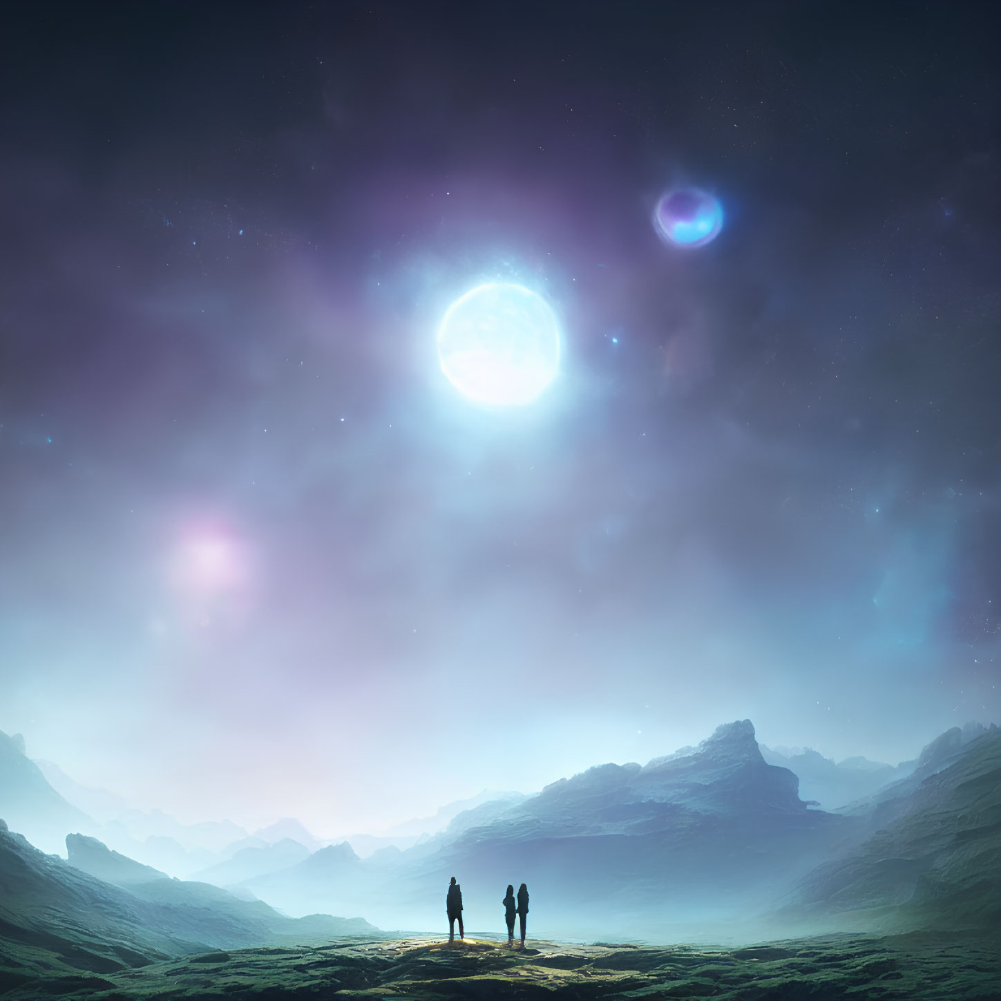Silhouetted figures under starry sky with moon and nebulae