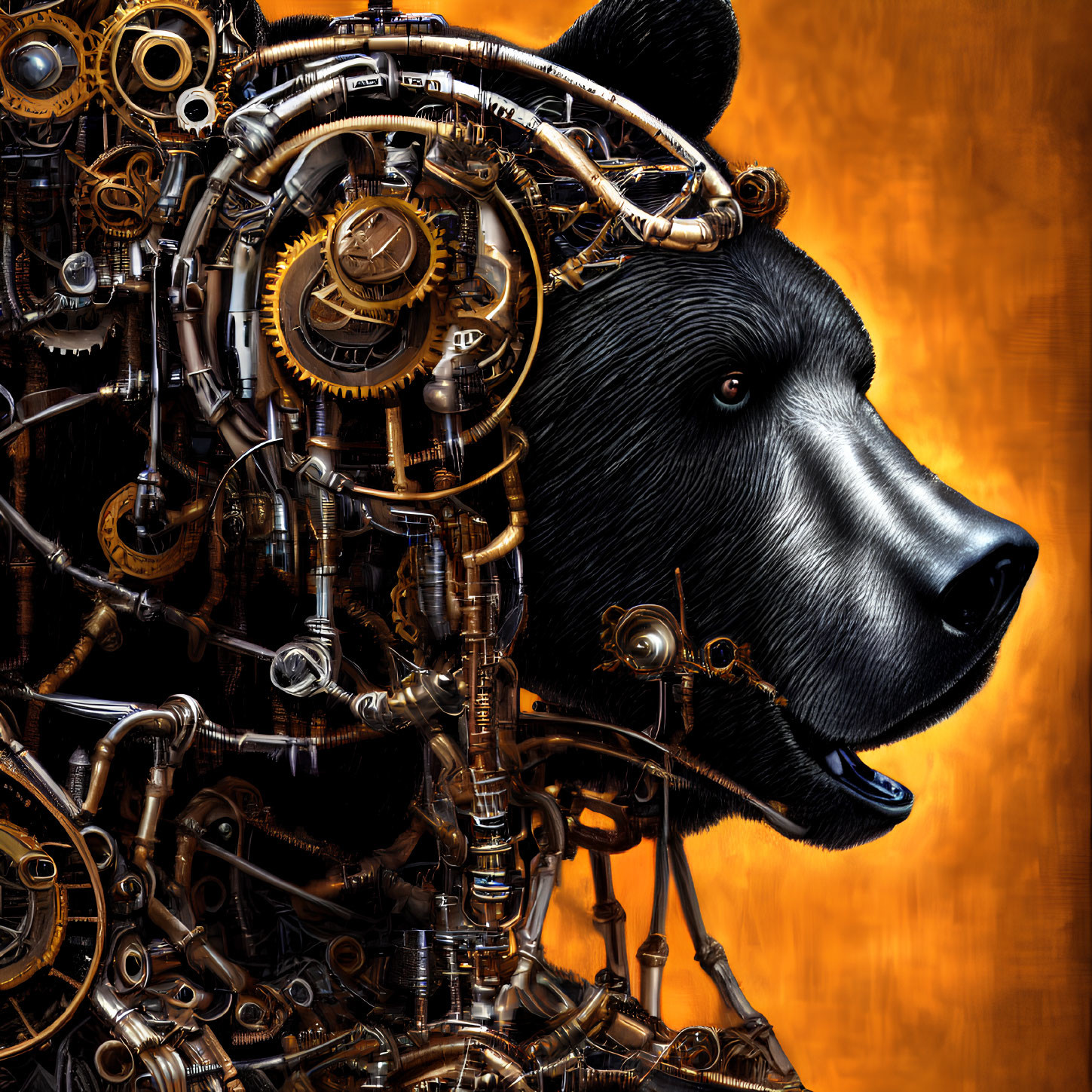 Steampunk Bear with Mechanical Details on Orange Background