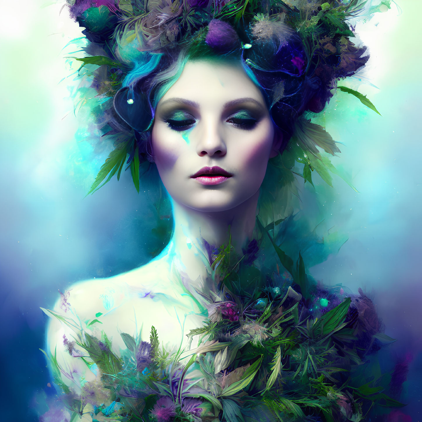 Vibrant floral surreal portrait of a mystical woman