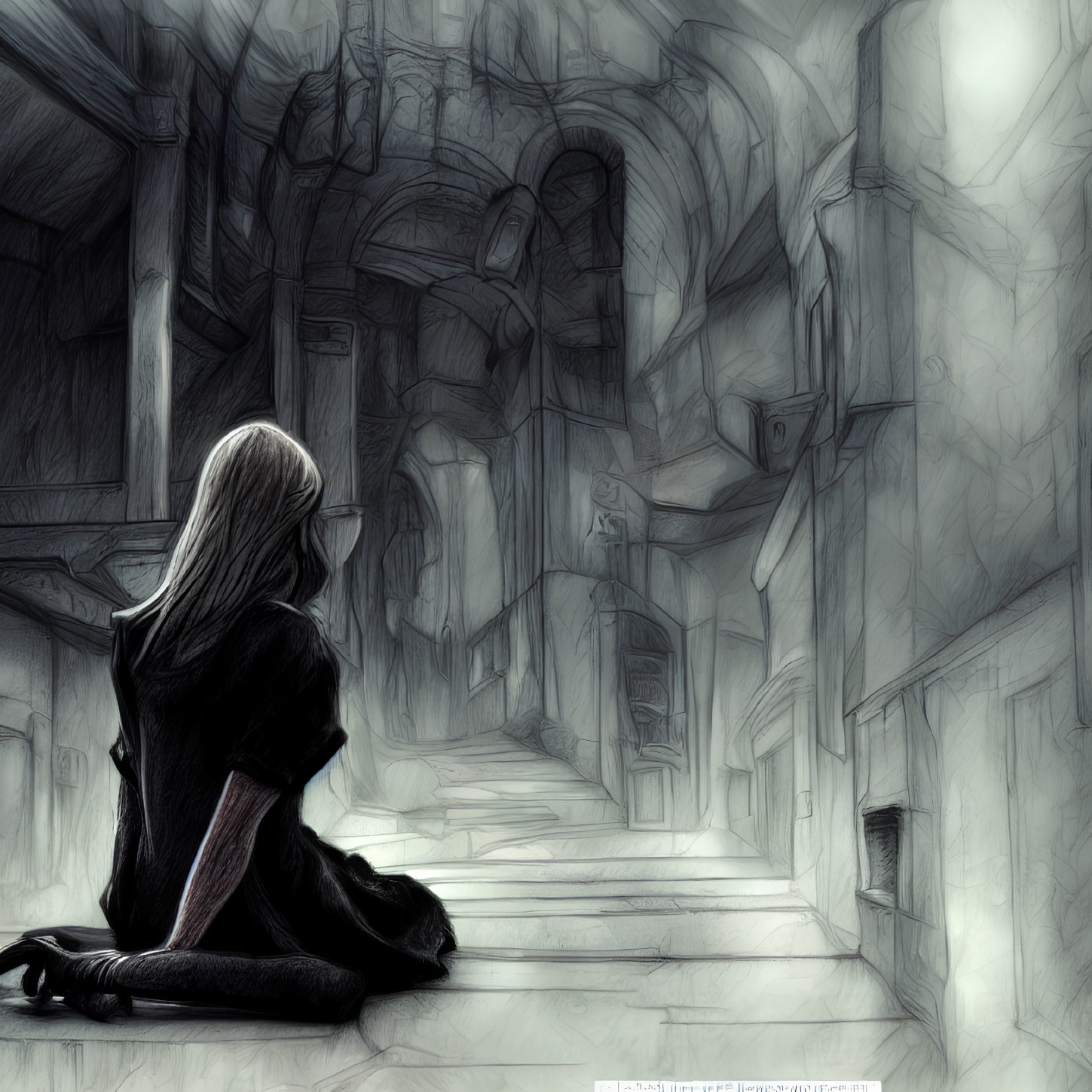 Sketch of person with long hair on stairs in gothic corridor.