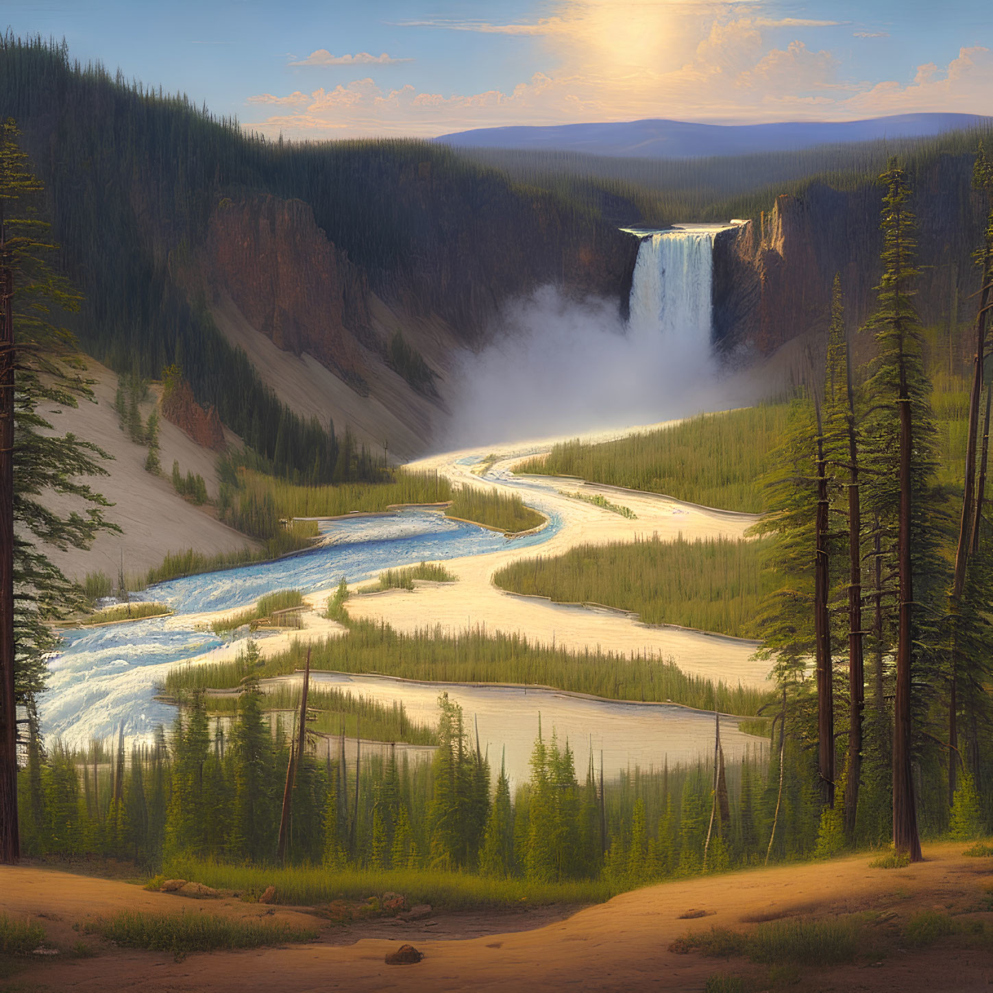 Tranquil landscape: waterfall, river, pine forest, soft sky
