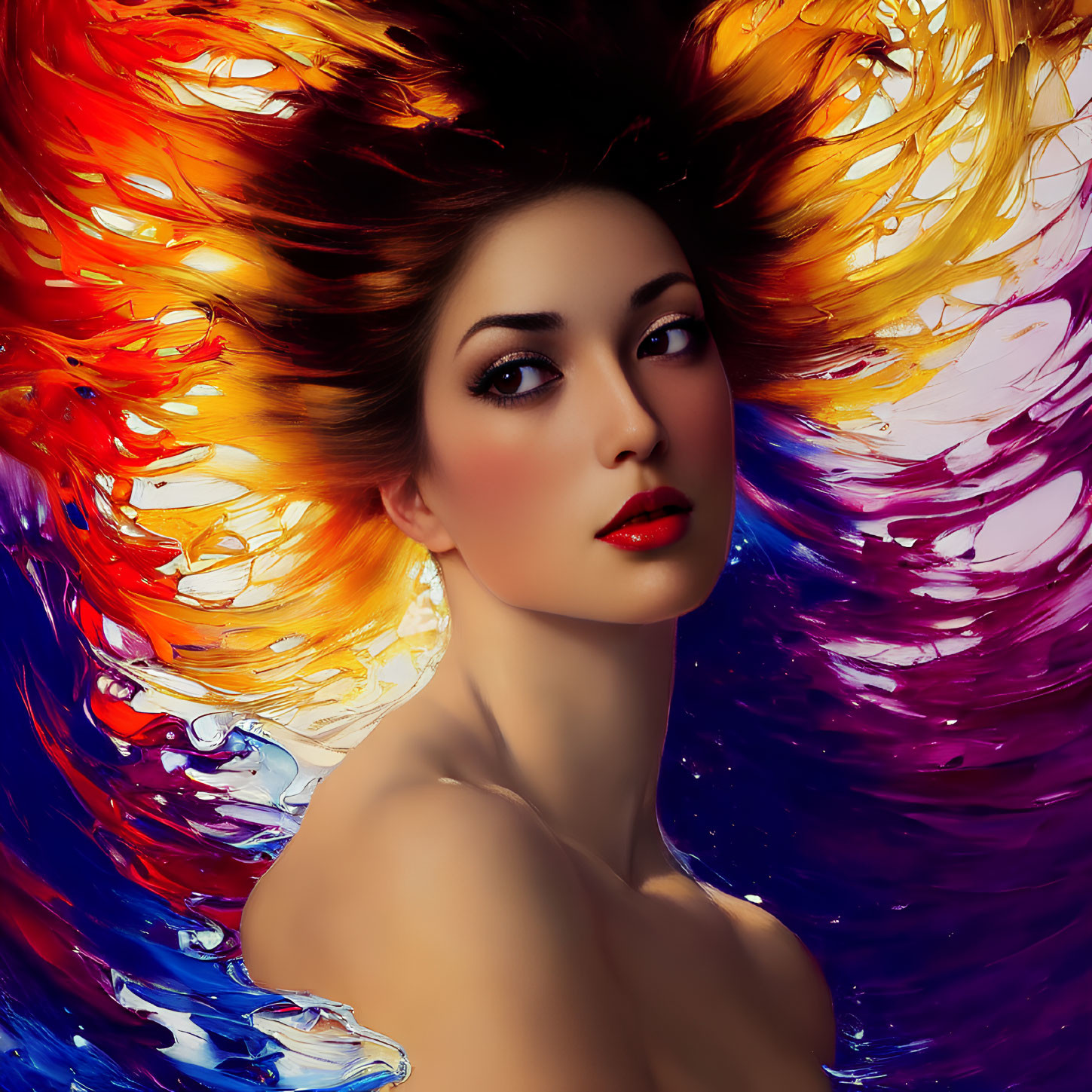 Vibrant digital artwork of woman with fiery and cool colored hair