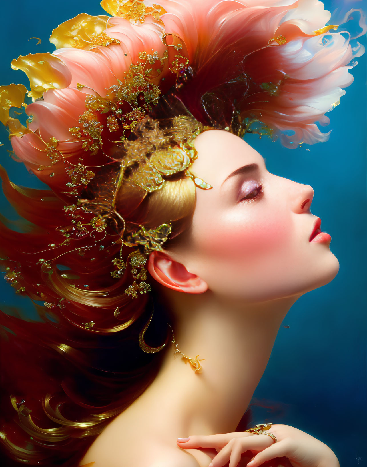 Profile of Woman with Red Hair and Floral Headpiece on Blue Background