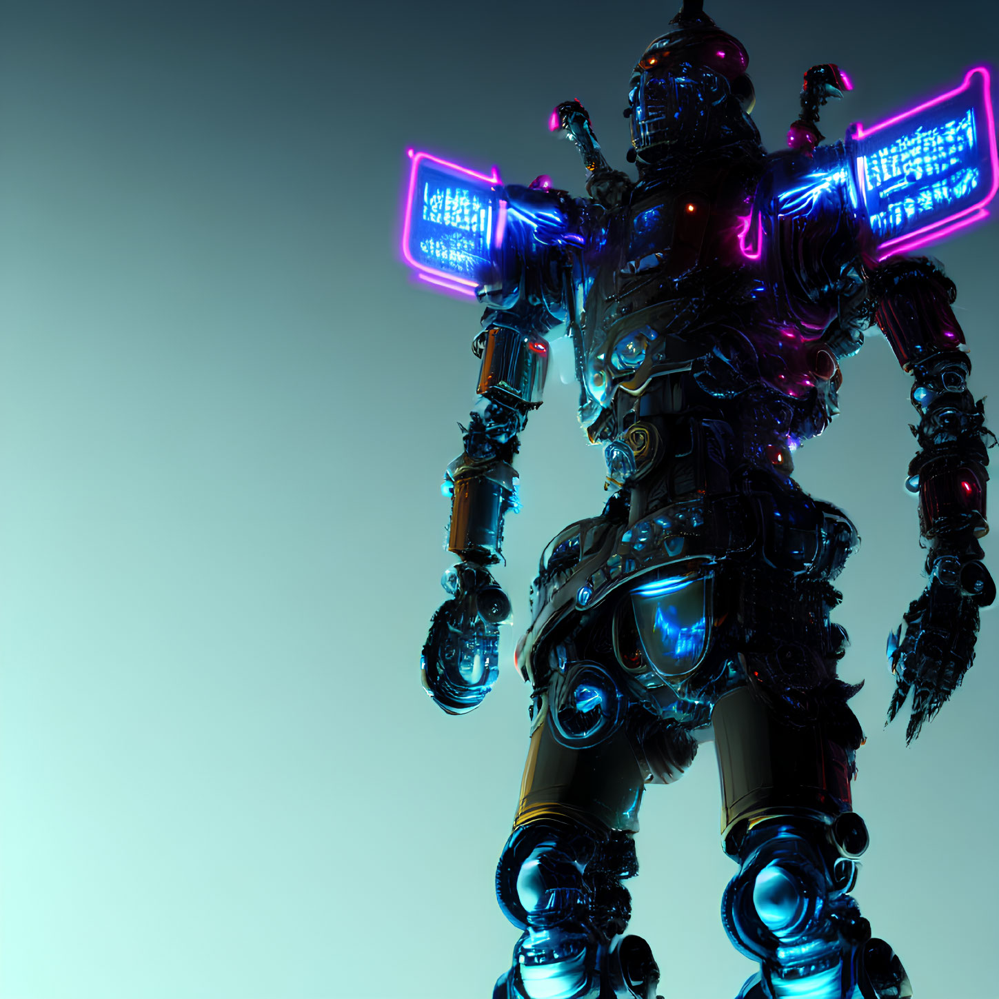 Neon Blue and Pink Futuristic Robot on Gradient Blue Background