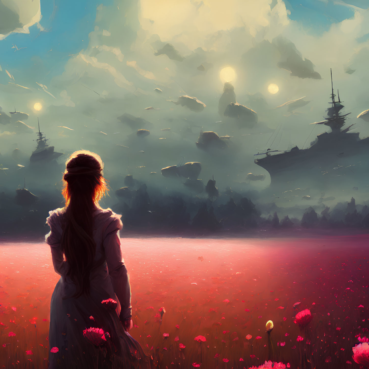 Woman gazes at surreal sky with multiple suns, floating ships, and red flowers field