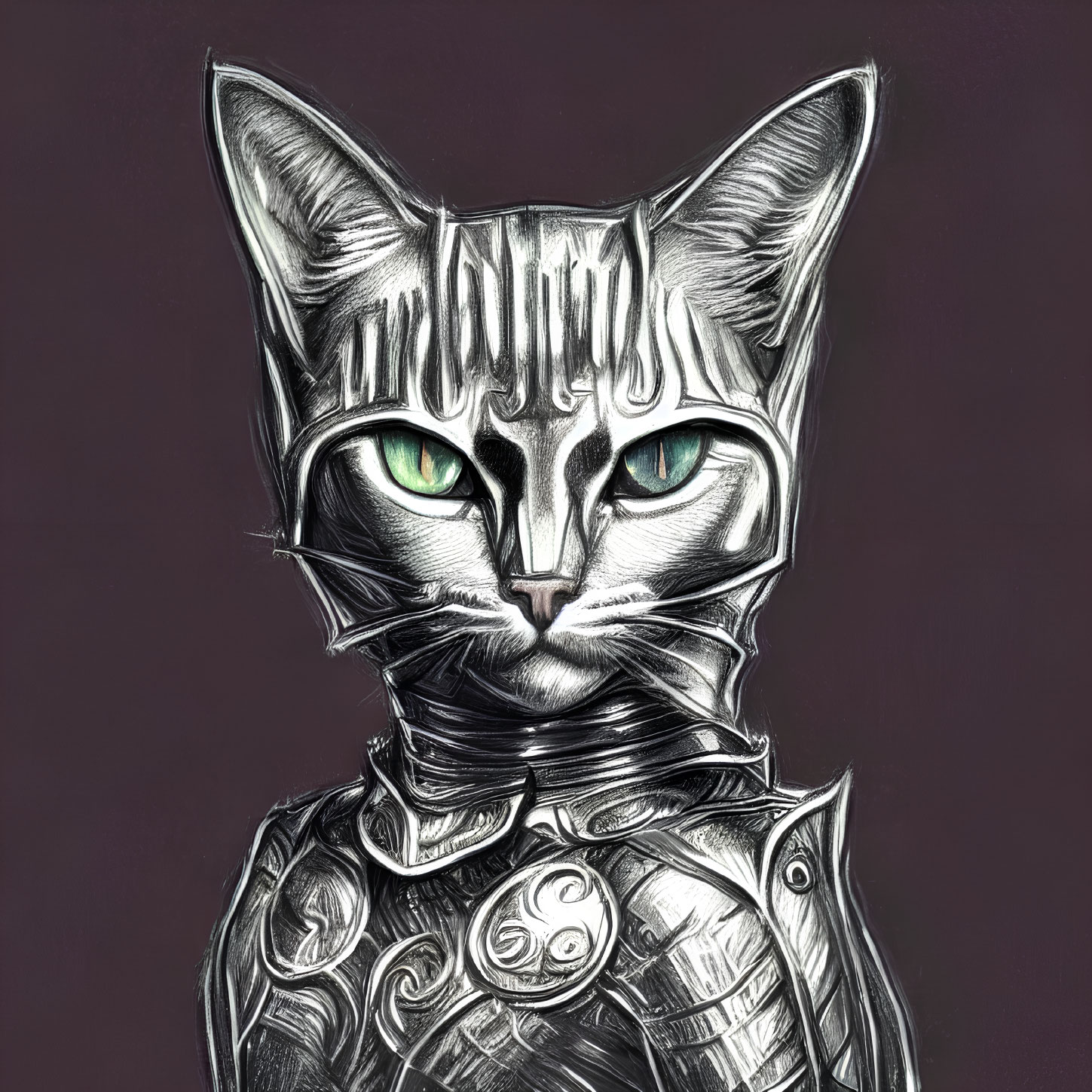 Illustration of a cat in metallic armor with human-like eyes