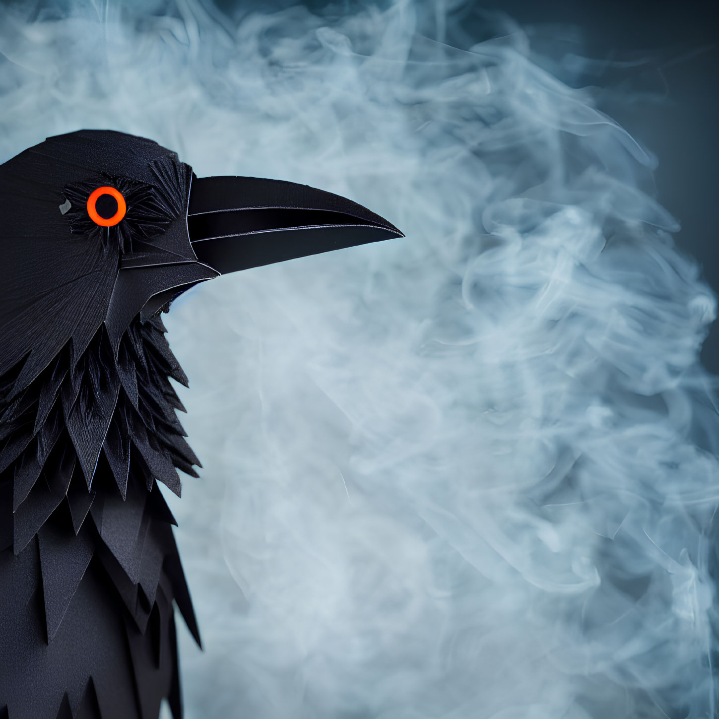 Stylized black raven sculpture with orange eye on blue background