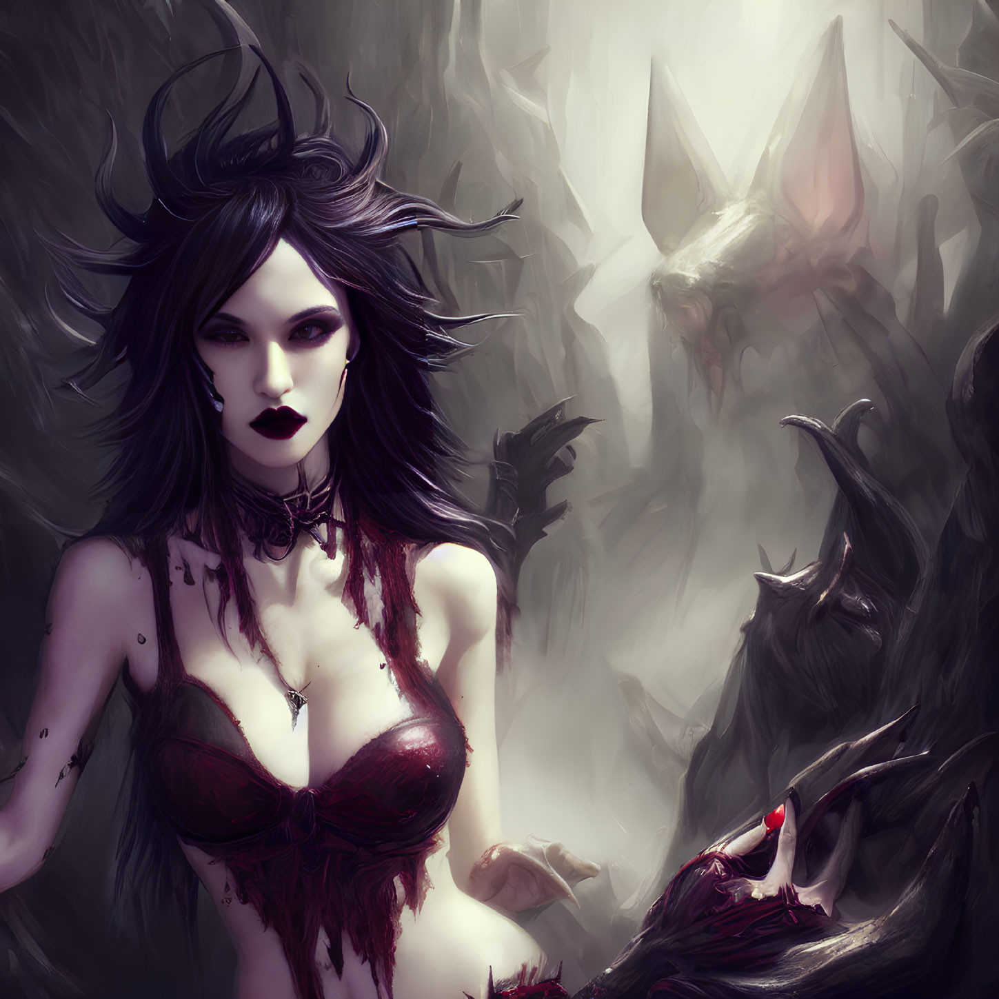Dark-haired woman in red attire with monstrous shadow.