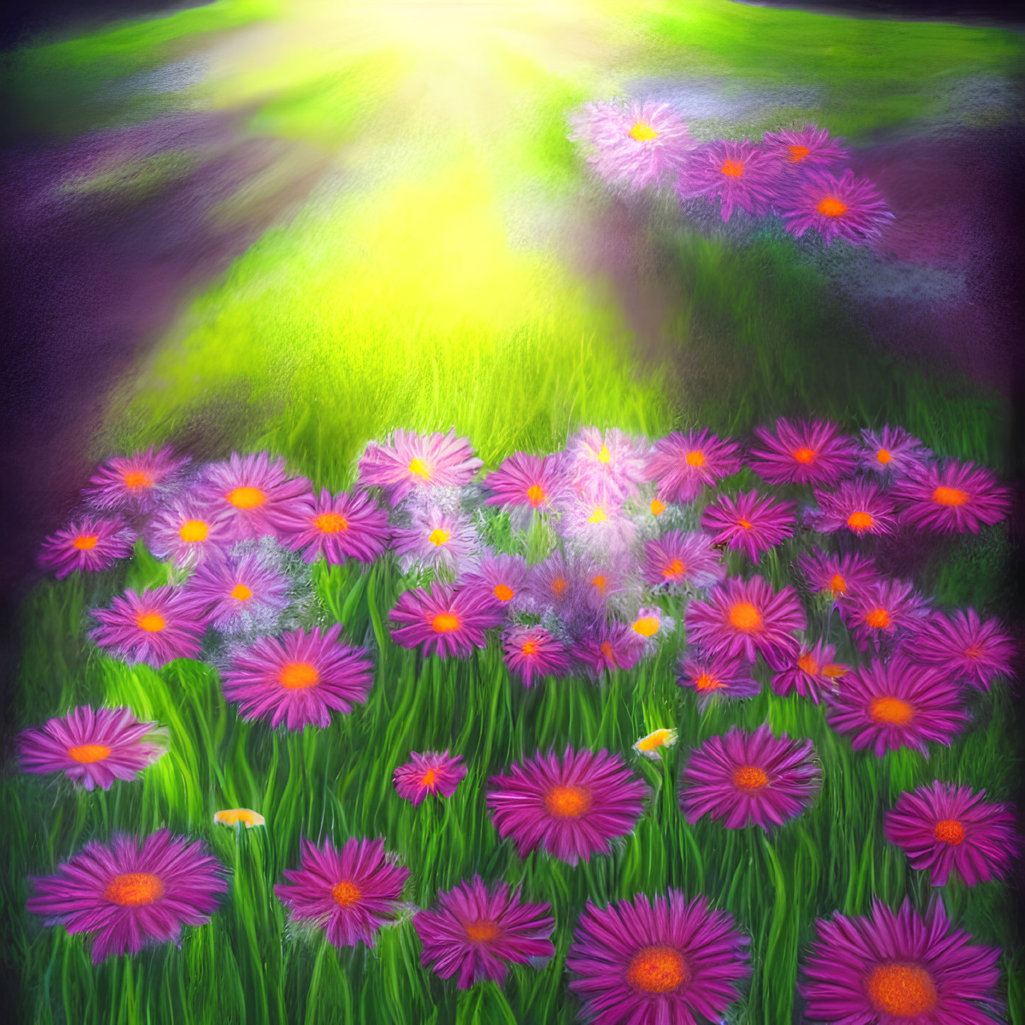 Vibrant pink and purple wildflower field in sunlight