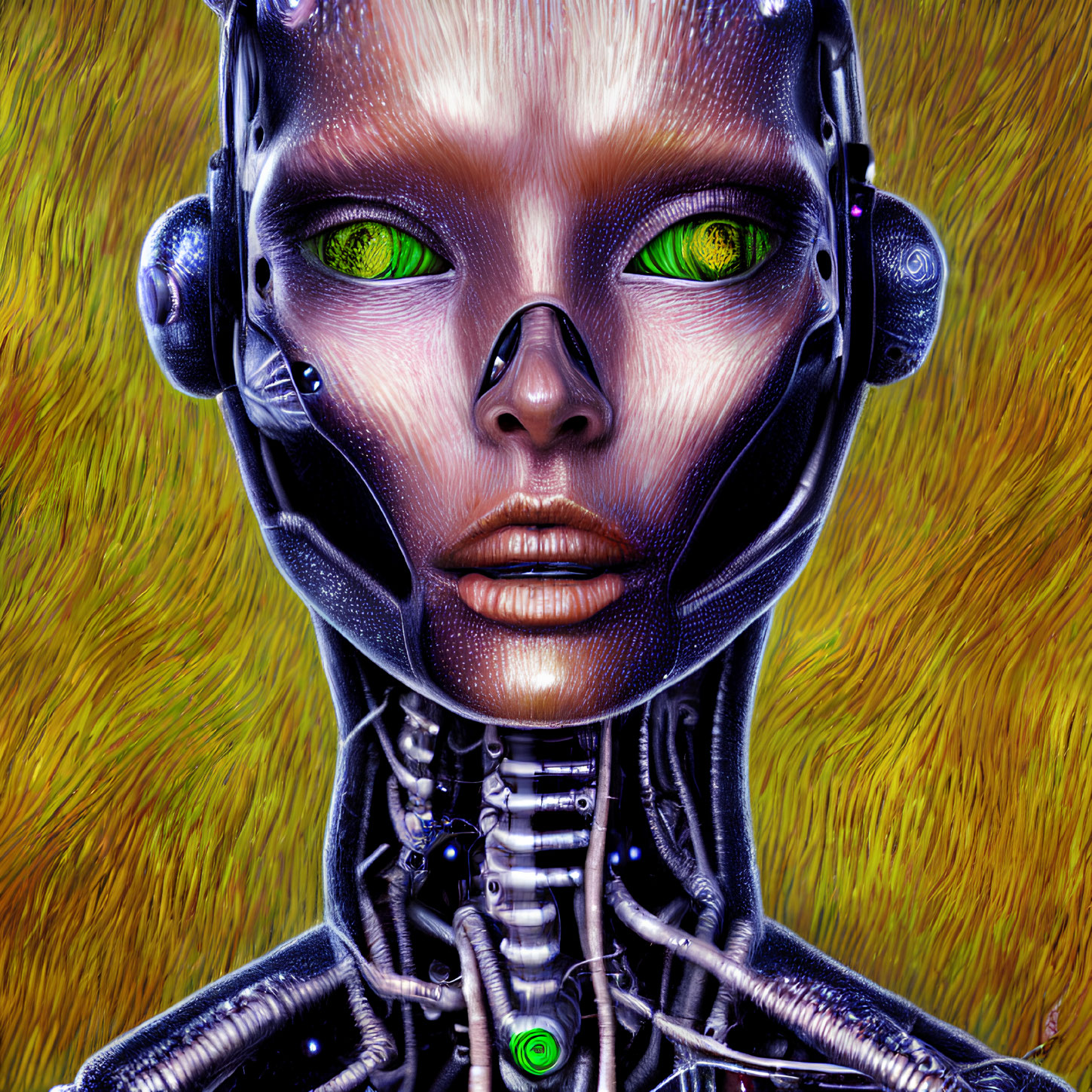 Detailed humanoid robot with green eyes and hybrid design