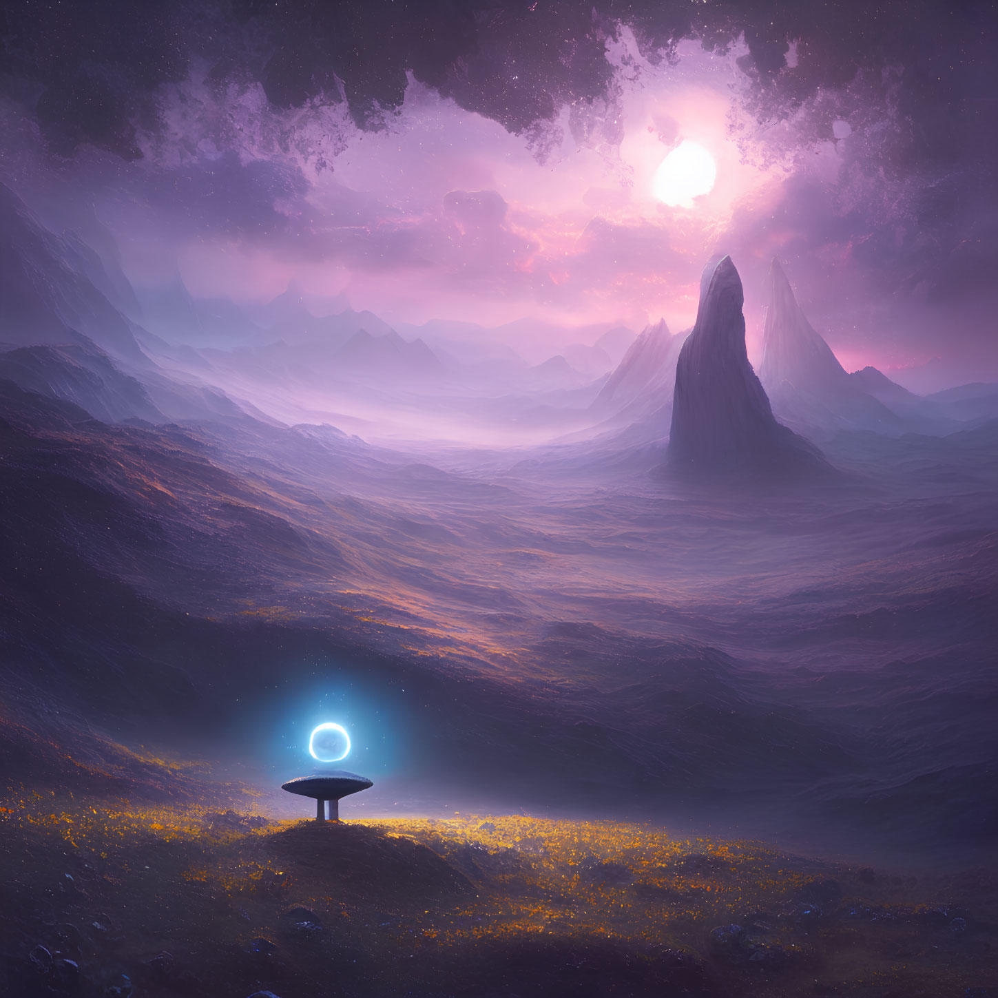 Fantasy landscape at dusk with glowing orb, yellow flowers, mountains, starlit sky