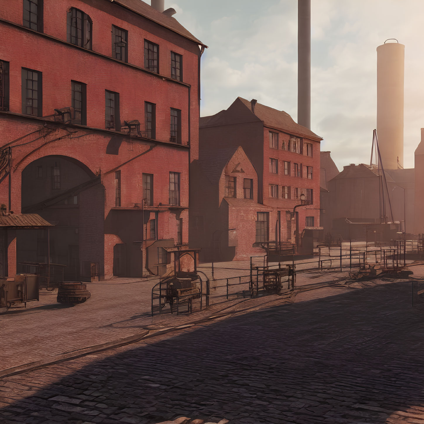 Brick buildings and smokestack at sunset in old industrial area