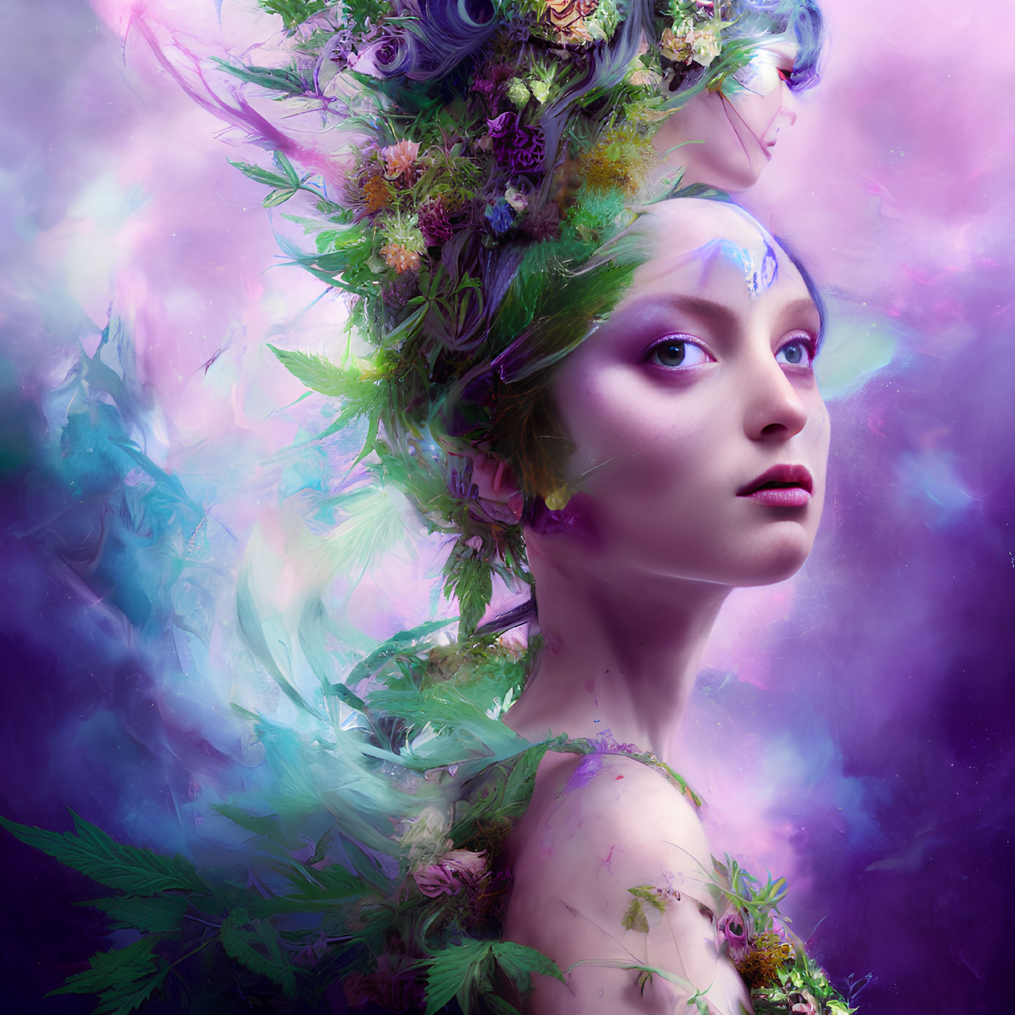 Surreal portrait of woman with floral and feather motifs on vibrant backdrop