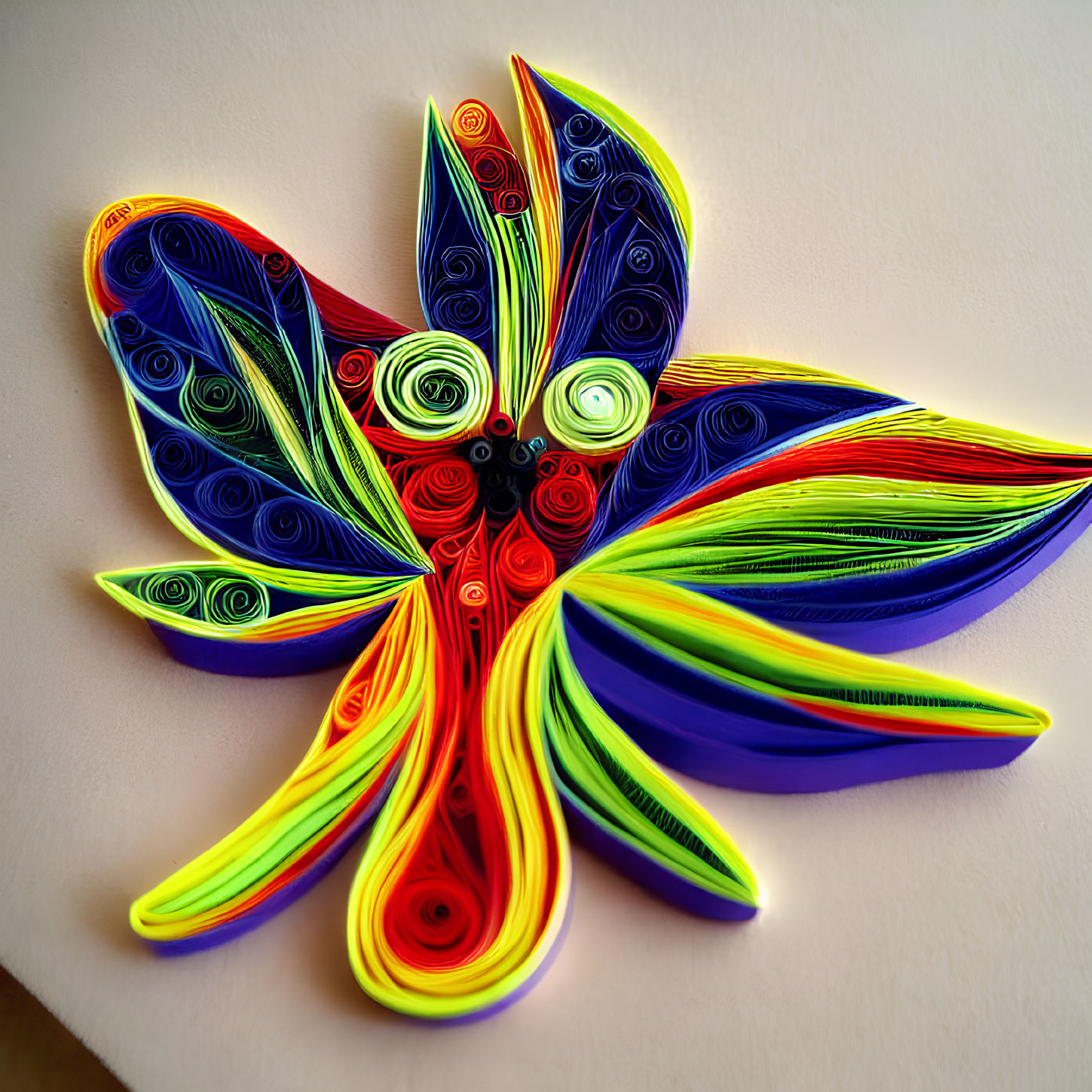 Vibrant multicolored butterfly quilled paper art piece