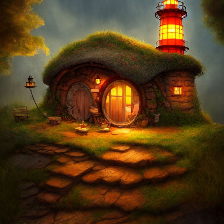Glowing lighthouse attached to enchanting twilight cottage