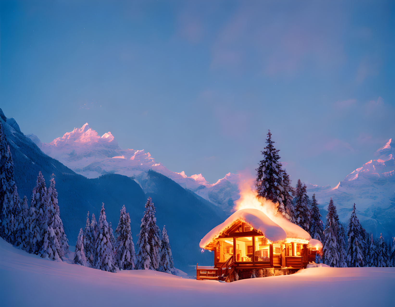 Snowy cabin in twilight woods with mountain view