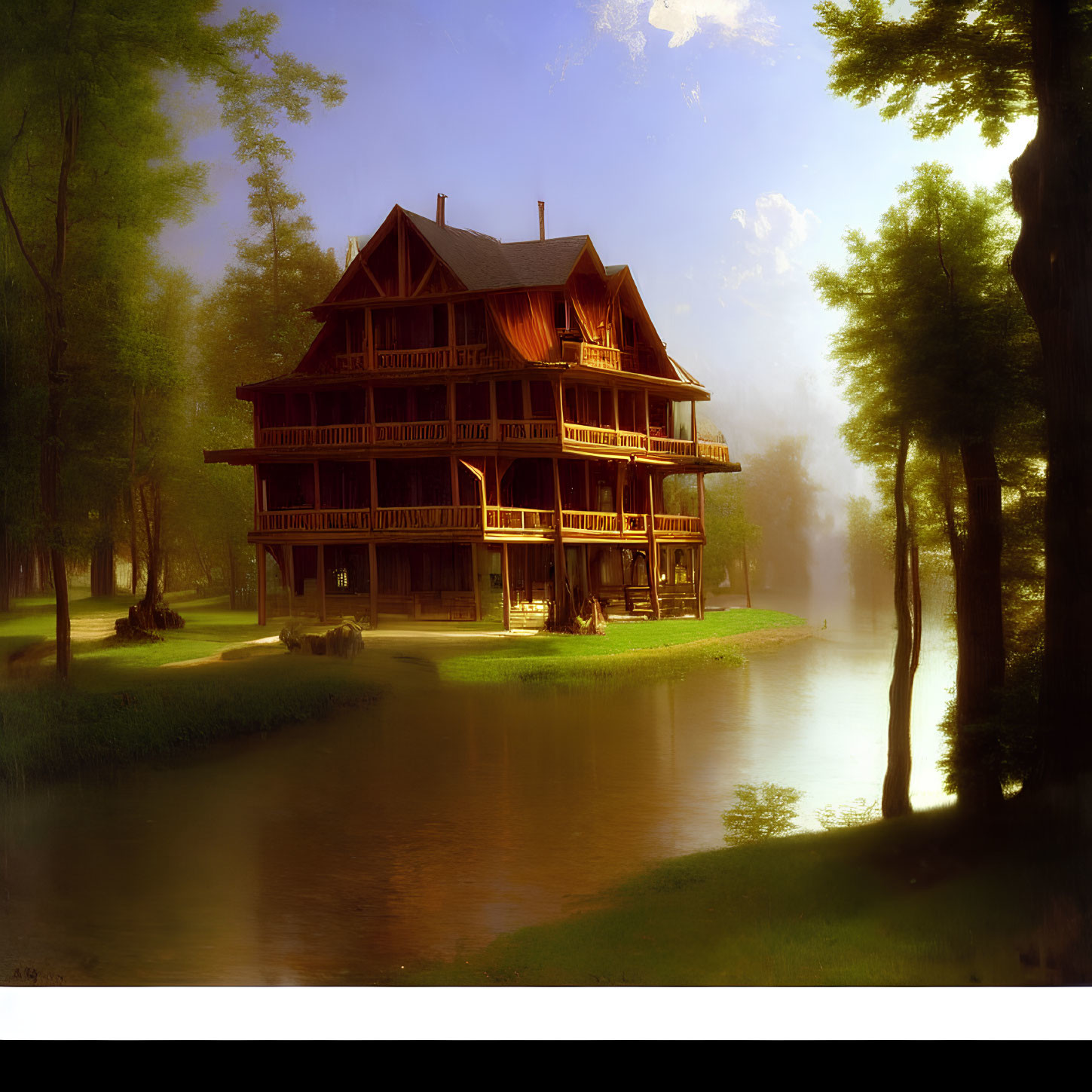 Large wooden house with balconies by river in misty setting