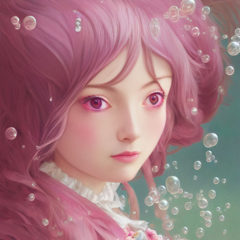 Pink-haired girl surrounded by bubbles on soft green background