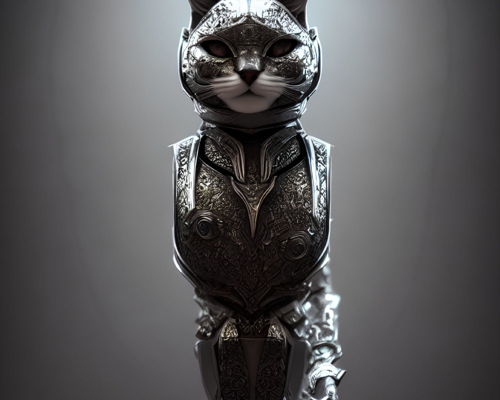 Stylized anthropomorphic cat in ornate metal armor with intricate patterns