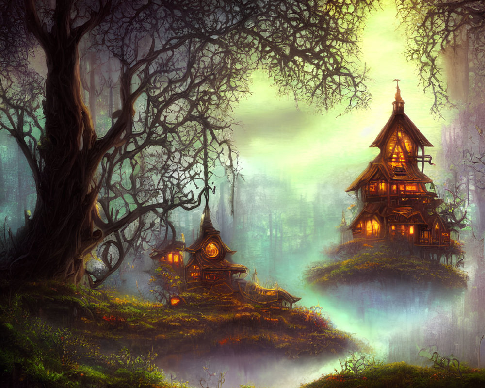 Enchanting twilight forest scene with illuminated treehouse and mystical fog