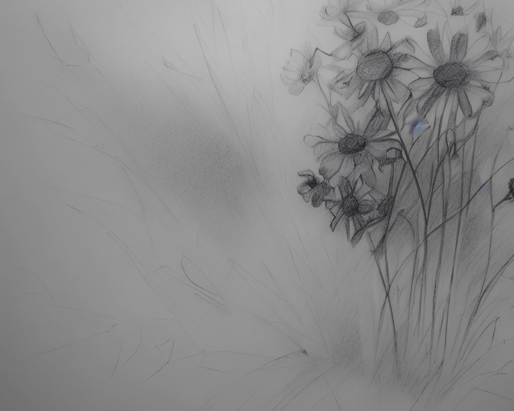 Detailed pencil sketch of delicate daisies with soft grass and gradient background