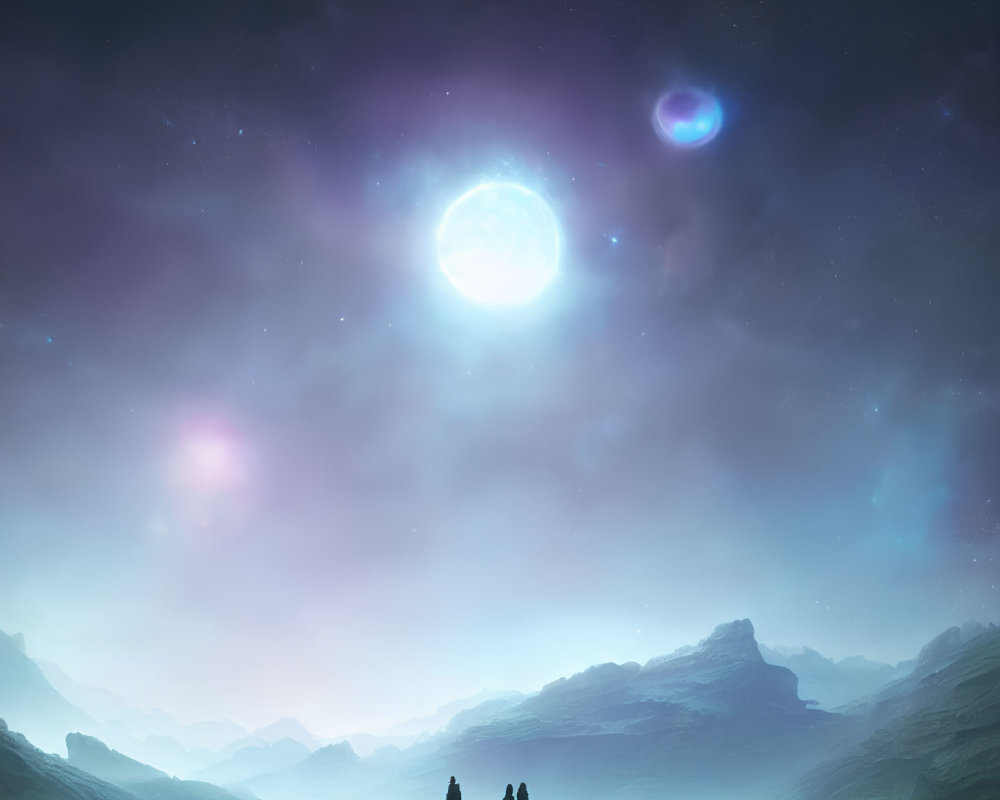 Silhouetted figures under starry sky with moon and nebulae