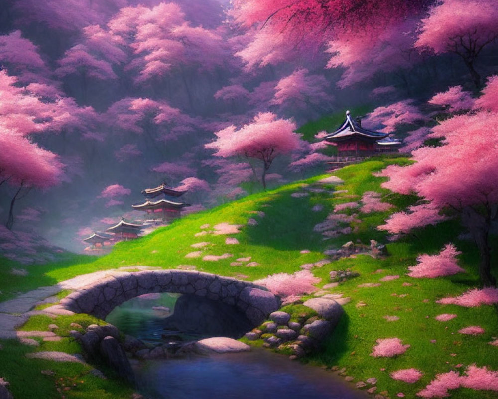 Tranquil Cherry Blossom Landscape with Pagoda and Stone Bridge