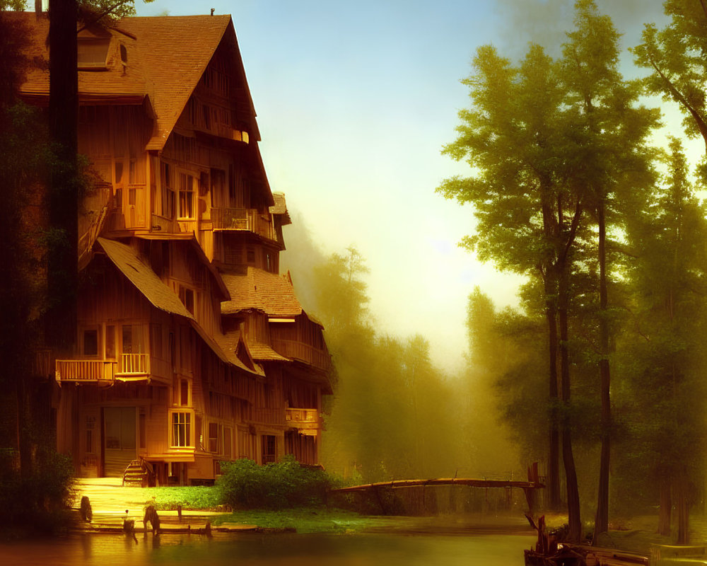 Rustic wooden building by serene lake with dock and misty golden trees