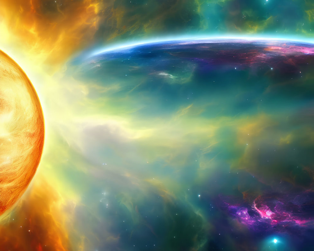 Colorful cosmic scene with planet, sun, nebulae, and stars in oranges, yellows